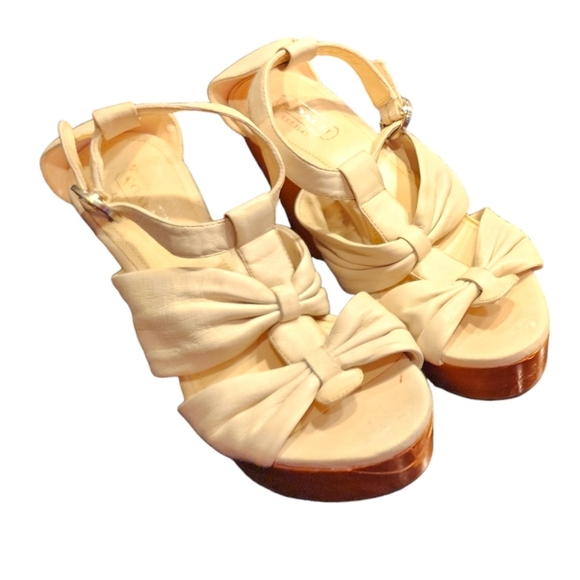 COACH Cream Leather Wooden Heel Wedge Sandals - Picture 2 of 3